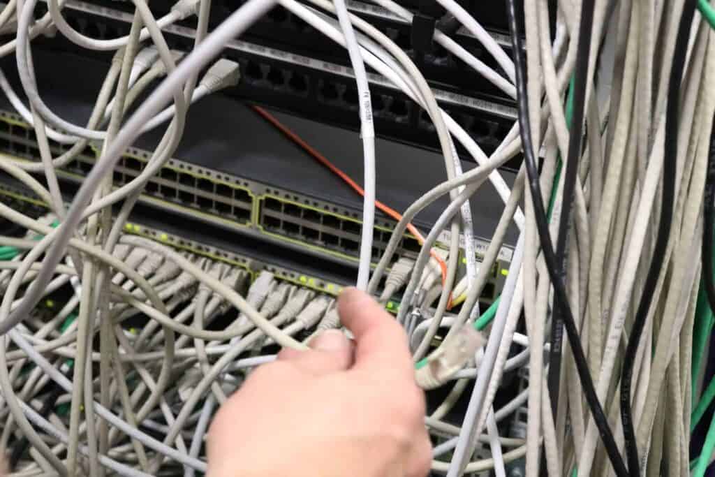 Close-up of structured cabling in network infrastructure.