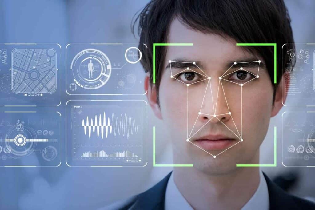 Digital facial recognition technology interface for security systems.