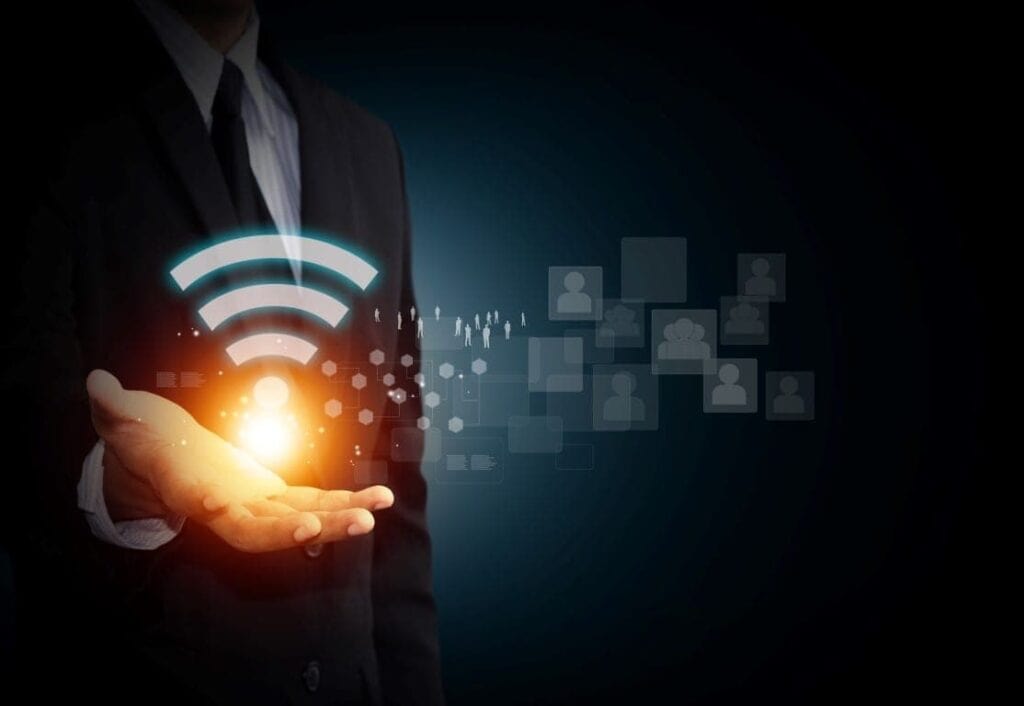 Wireless network connection in modern digital office environment.