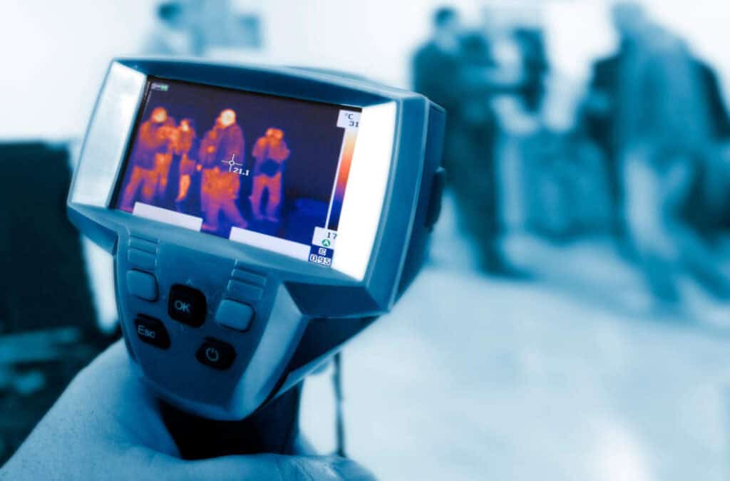 Thermal camera showing heat signatures, used for security and network monitoring in optima cabling installations.