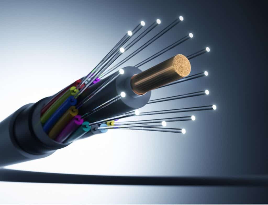 Close-up of fibre optic cable for high-speed data transfer and network connectivity.