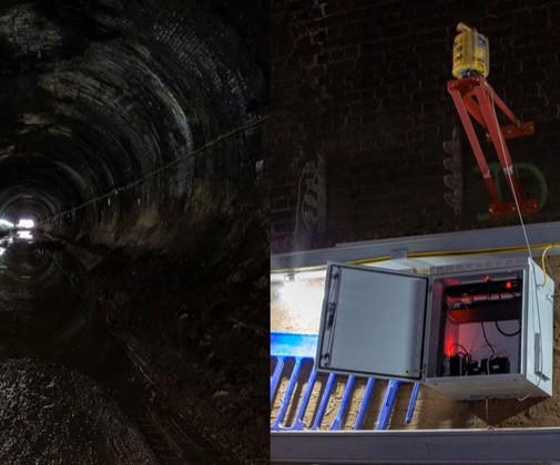 Wall-mounted total station monitoring cabinet connected to the fibre network inside the Gasworks Tunnel