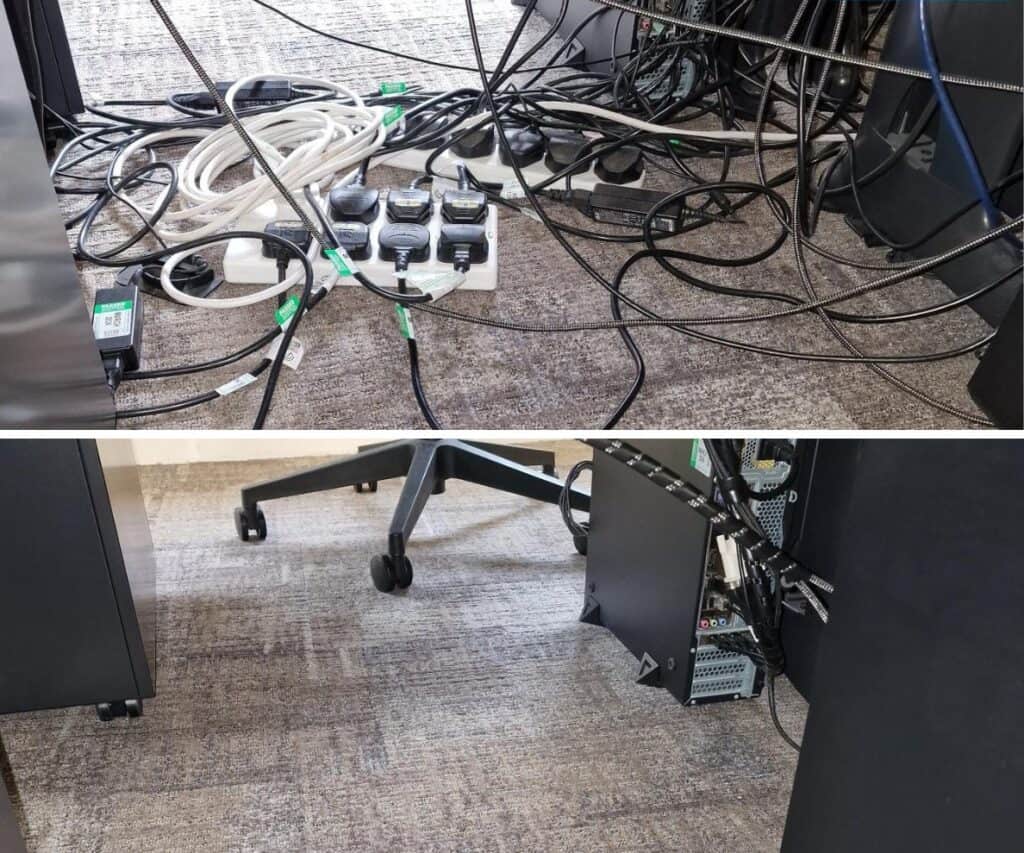 Cluttered under-desk cable management with tangled wires and power strips.
