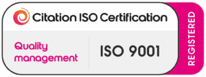 Certification badge for ISO 9001 quality management in data cabling.