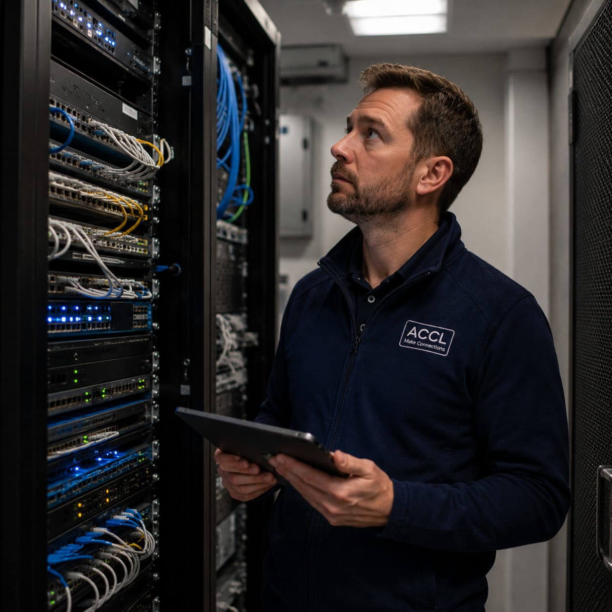 ACCL engineer reviewing a commercial communications room and network cabinets