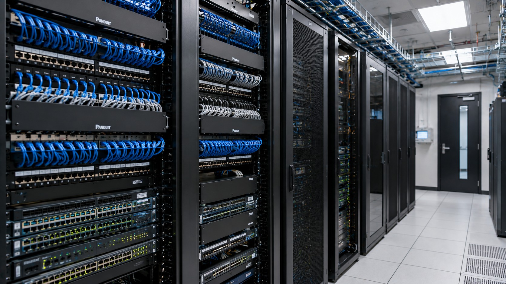 Data centre fibre cabling and patch panels in an organised server room