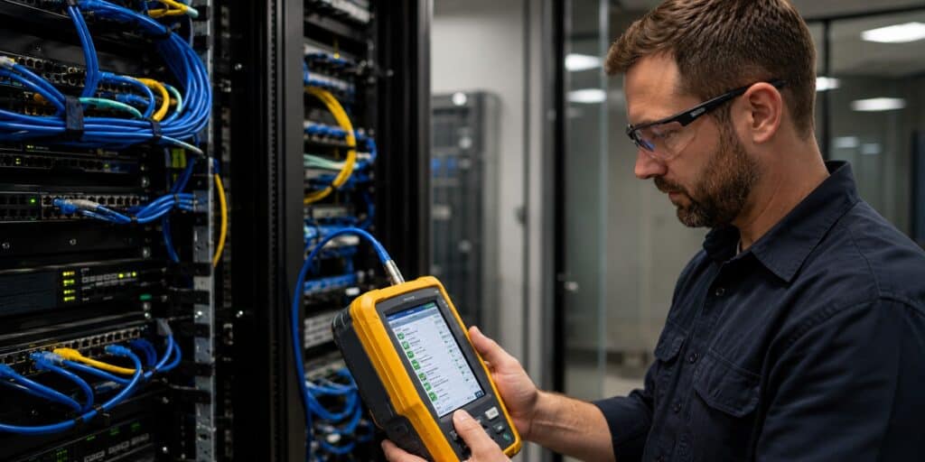 Technician testing network cables with portable device in data centre.