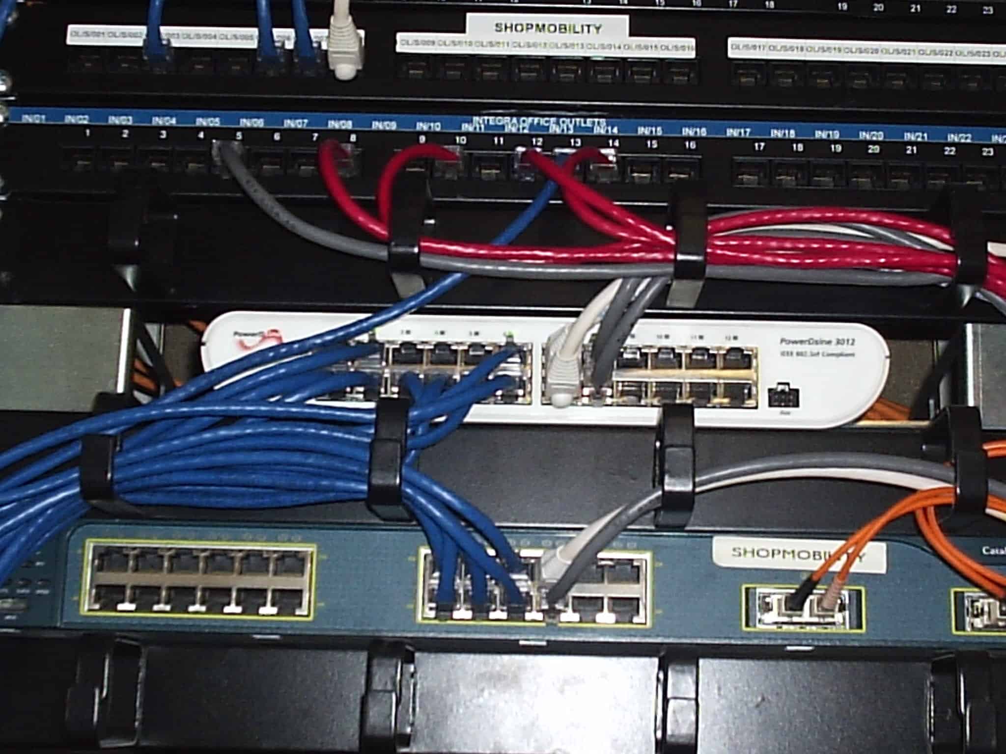 Structured cabling patched to named tenant zones including Shopmobility and Integra office outlets at Chapelfield