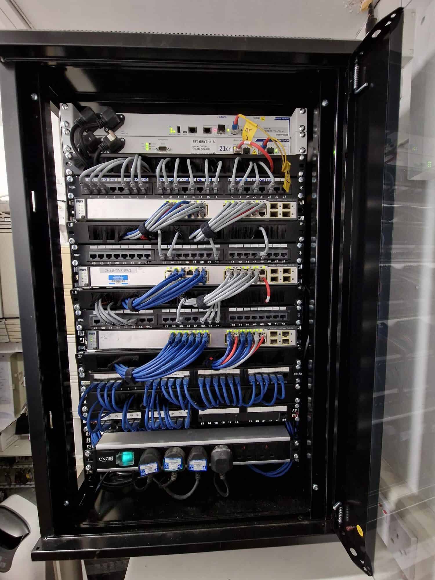 Newly installed, labelled comms cabinet with organised patch panels at a Chestertons branch