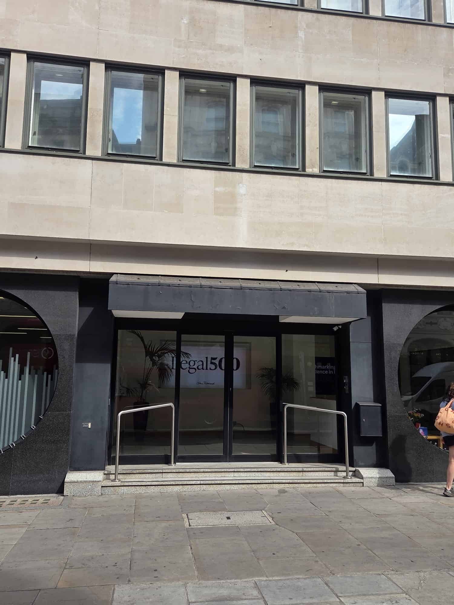 Fibre backbone renewal project: street-level entrance to Legal 500's offices at 188 Fleet Street, London