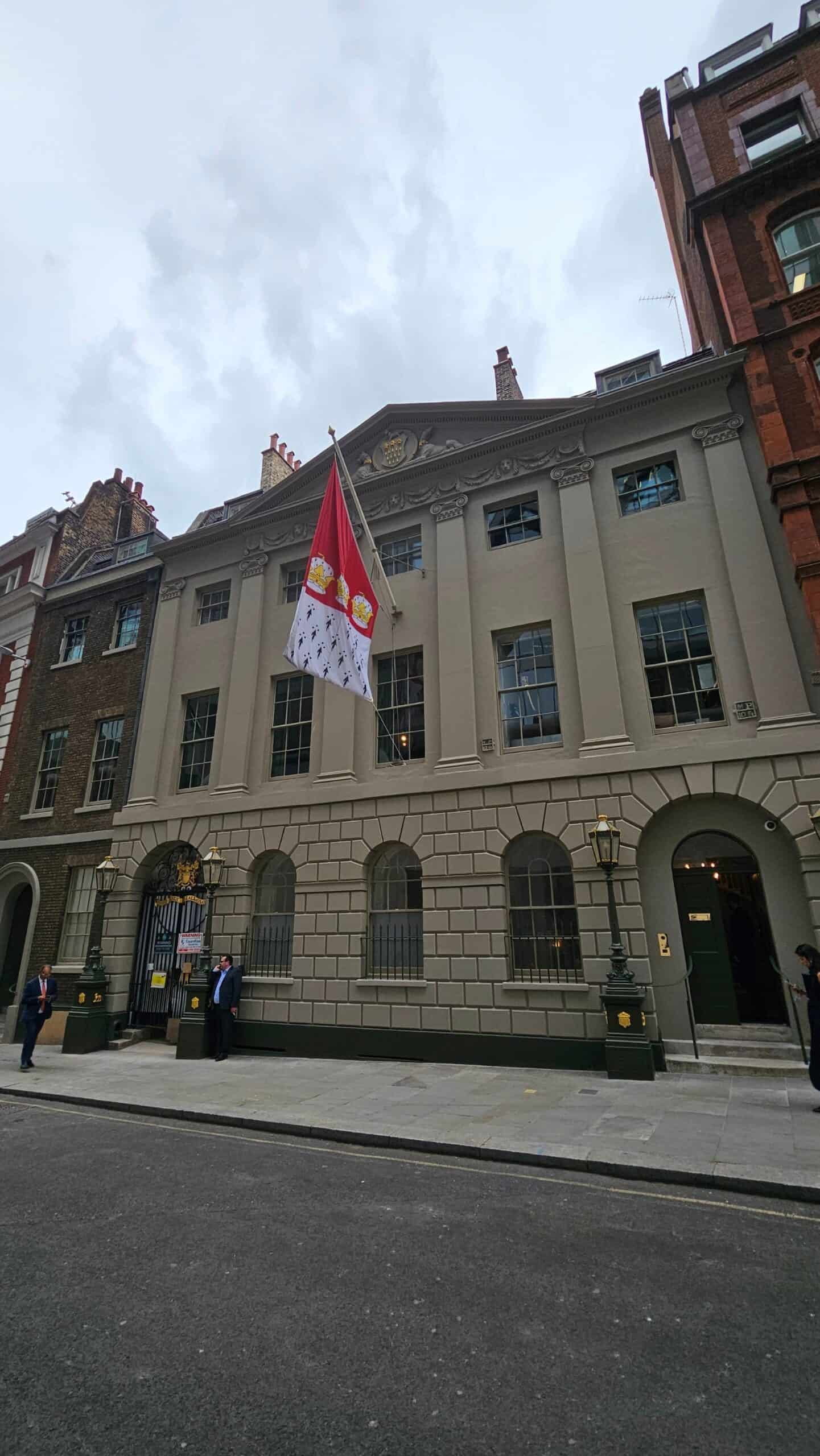 Exterior of Skinners' Hall, City of London, with the Skinners' Company flag flying