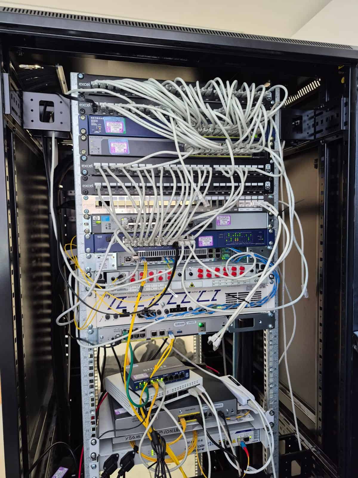 Mid-migration: active equipment being reconnected in the new cabinet at Zaiwalla & Co, Holborn