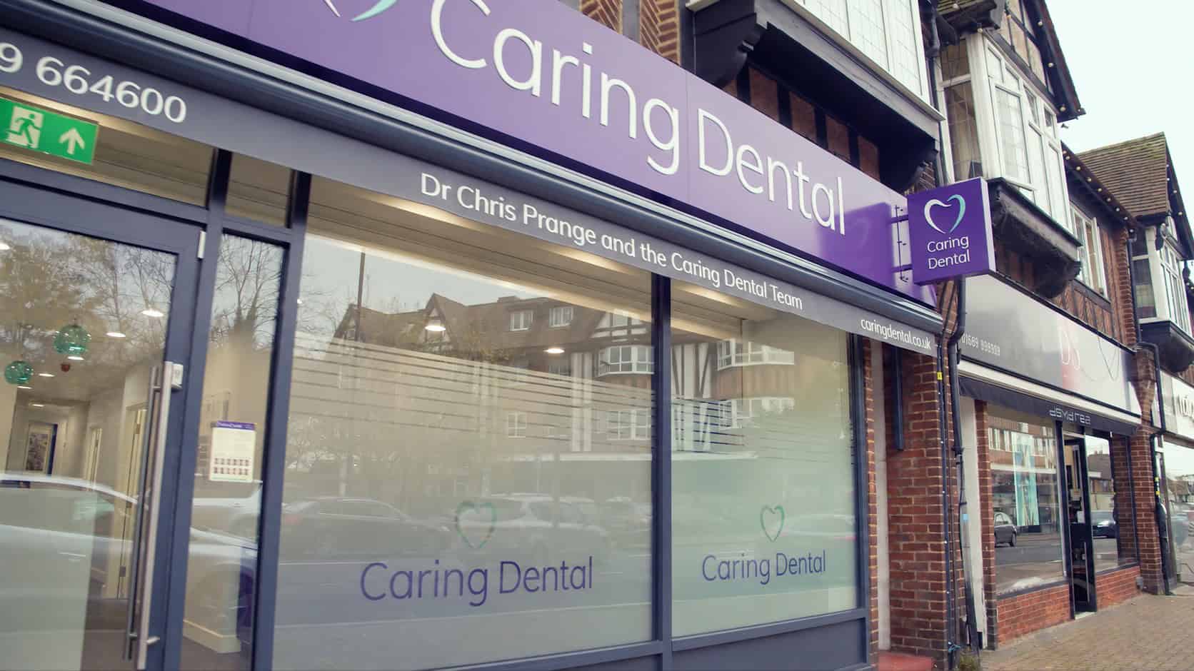 Caring Dental practice storefront in Station Square, Petts Wood