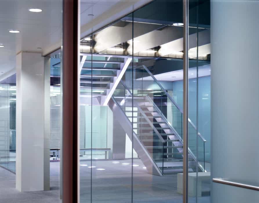 Steel and glass atrium staircase inside 30 Finsbury Square, London