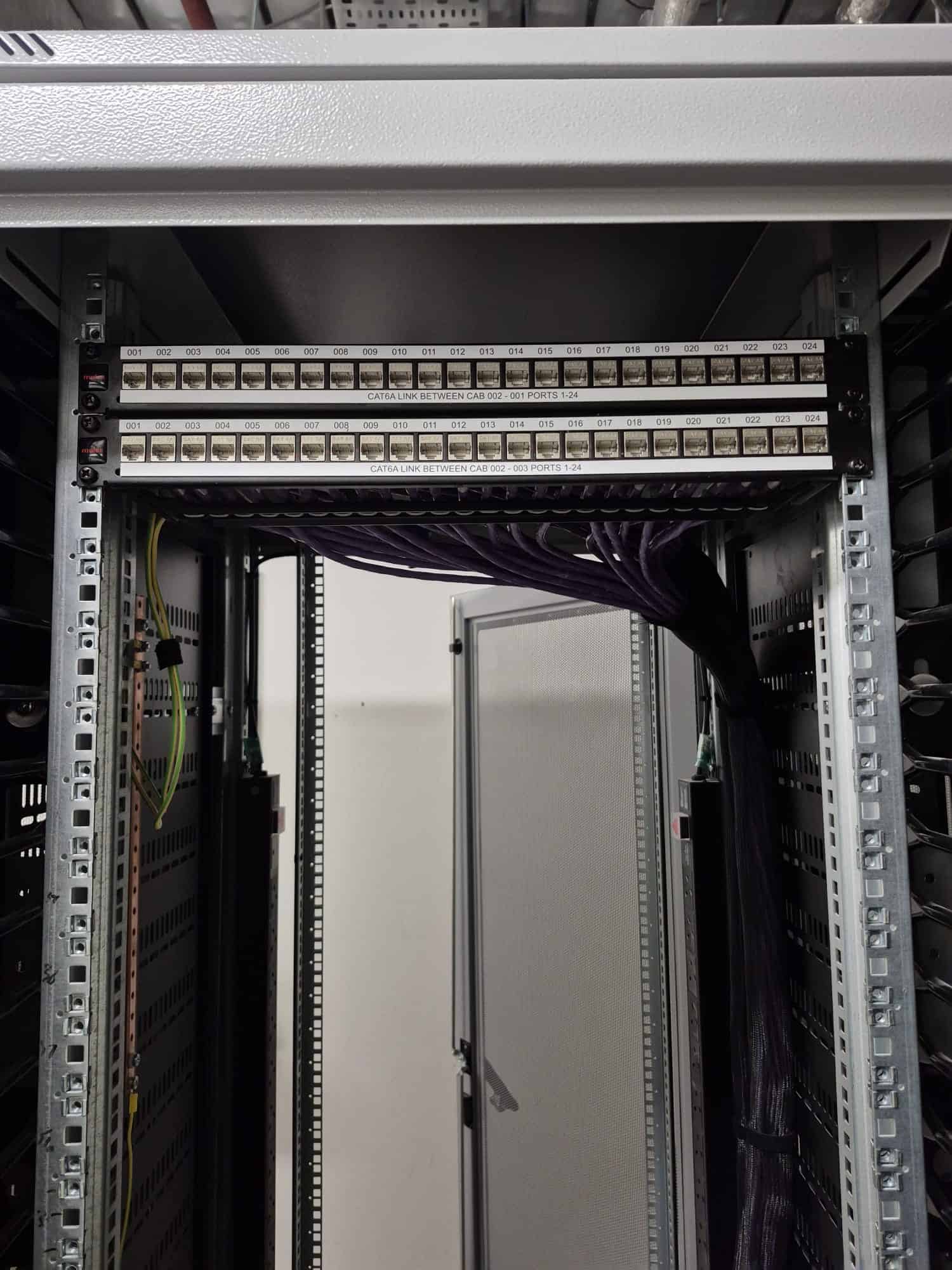 Communications-room cabinets and Category 6A inter-cabinet patch panel links installed by ACCL for a City of London workplace