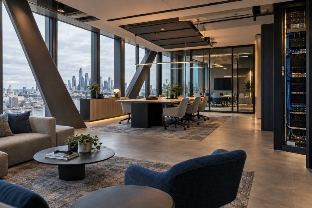 Illustrative technology showcase office with structured network infrastructure