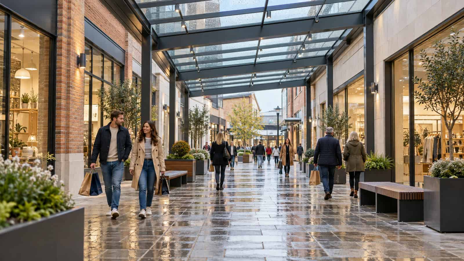 People walking in a contemporary shopping mall with glass ceiling and retail stores.