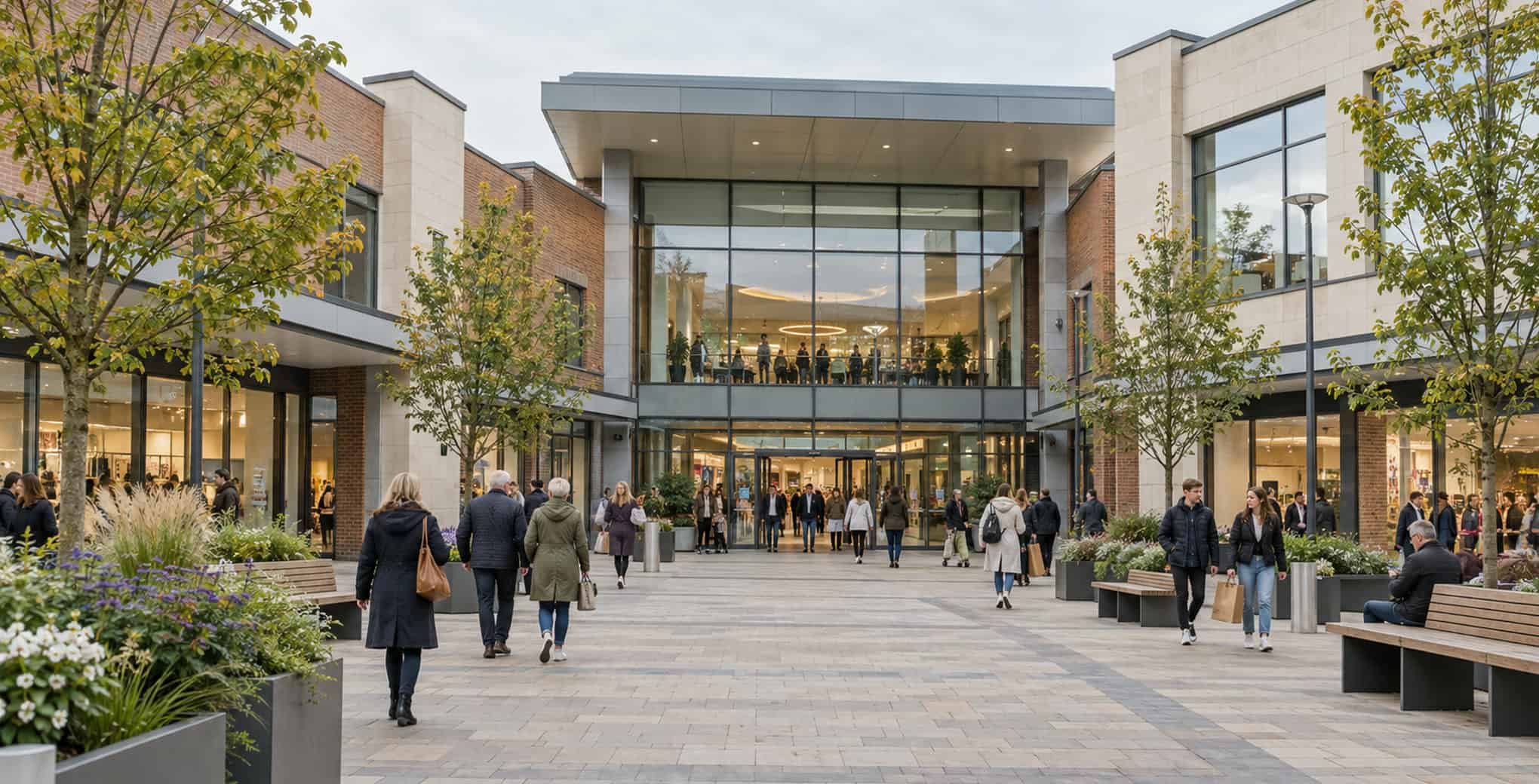 Contemporary shopping centre with glass facade and outdoor plaza.