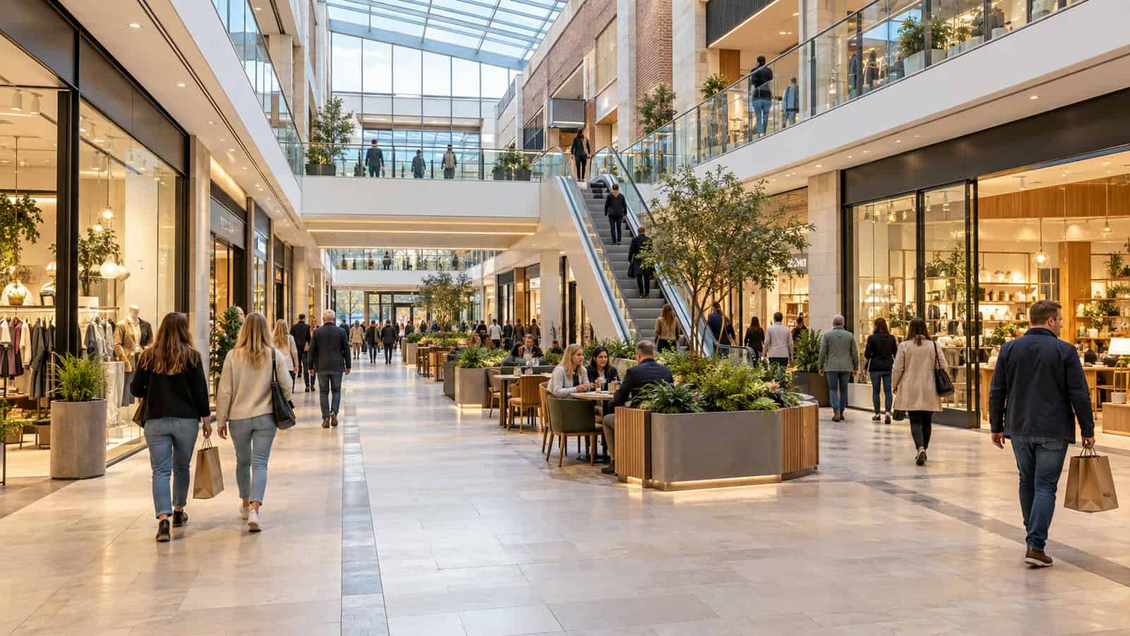 Bright shopping mall interior with shoppers, plants, and glass architecture.