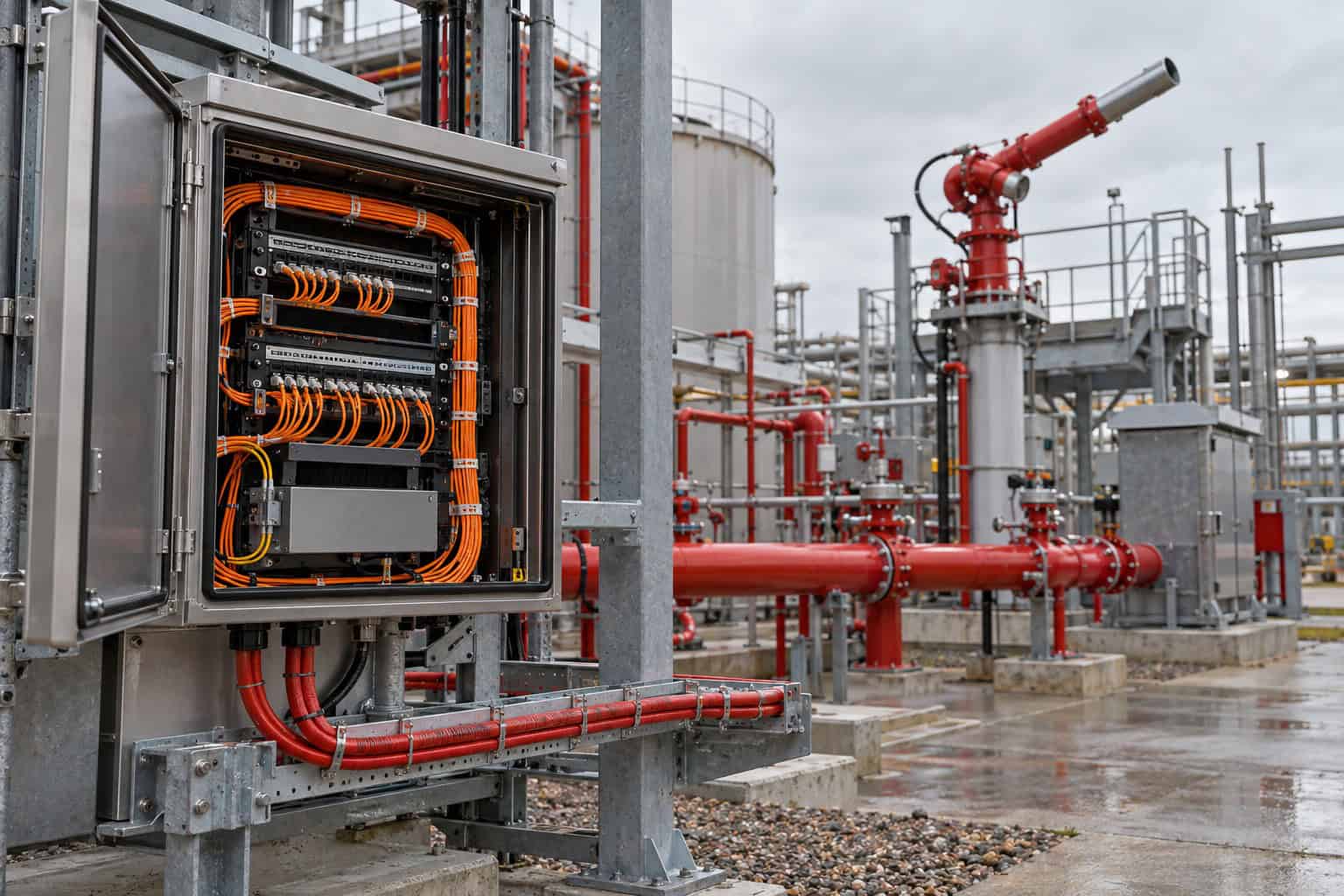 Illustrative industrial fire-survival fibre network and fire-suppression infrastructure; not the actual Sun Chemical installation